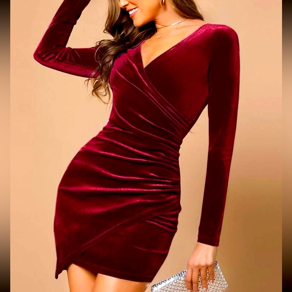 SHEIN BAE Wrap Front Ruched Detail Velvet Dress NWT
